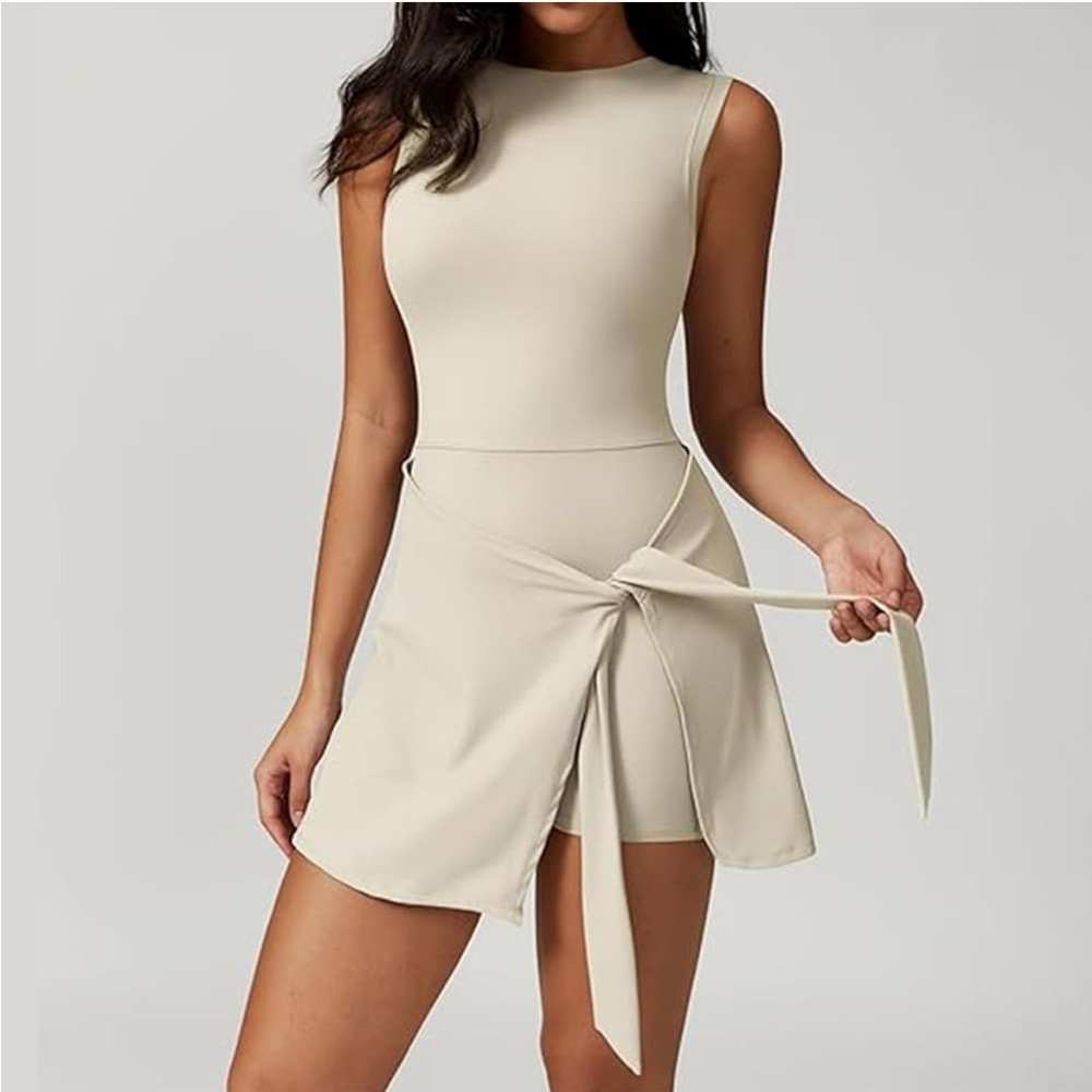 Womens High Neck Tennis Dress Sleeveless Wrap Skirt Built in Shorts Golf Ivory